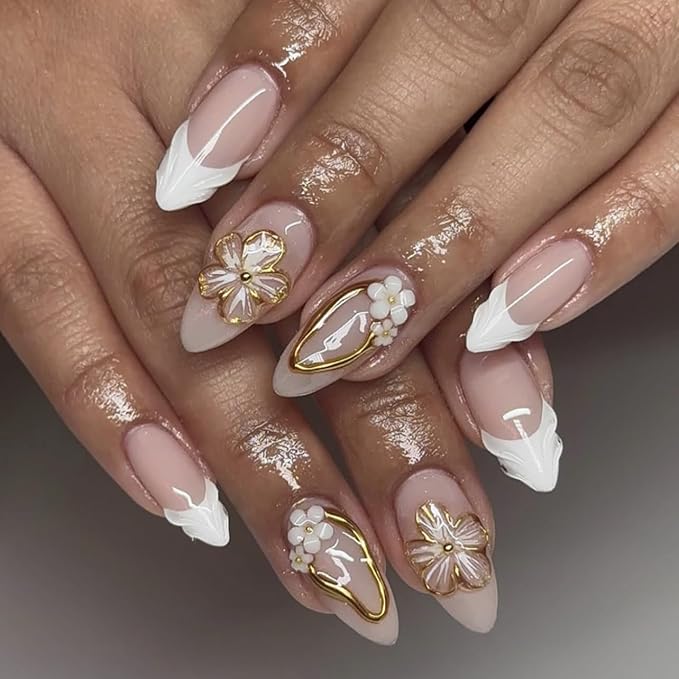 Almond Press on Nails Medium - White French Tip Fake Nails with 3D Gold Stripes Floral Charms Design - Elegant Full Cover Stick on Nails for Women 24 Pcs
