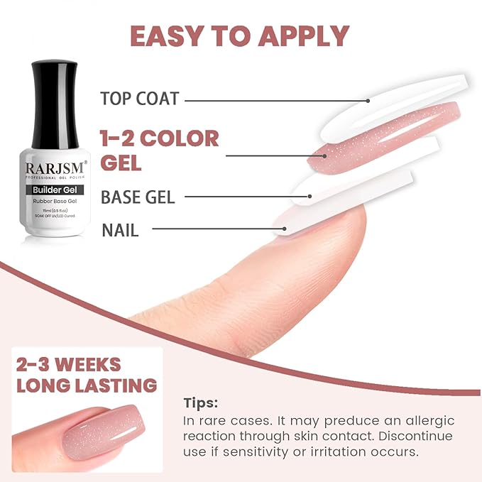 RARJSM Nude Rubber Base Gel Nail Polish Rainbow Glitter Sheer Light Pink Rubber Base for Nails Iridescent Brush on Quick Extend Builder Hard Gel Soak Off Curing Requires 15ml French Manicure