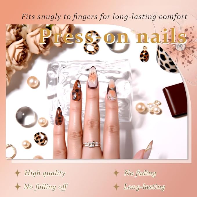 3D Press on Nails Medium Almond with Leopard & Flower Design, Sexy 3D French Tip Nail Press ons Glossy Stick on Nails for Women Reusable with Kit, Stick on Sexy Fake Nail with Designs Perfectly Fit
