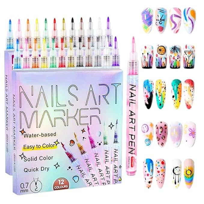 12 Colors Nail Art Pens Set, 2026 New Nail Marker, 0.7mm Quick-Drying Waterproof Polish Pens with Dotting Liner,Nail Art Tools for Graffiti Dotting Drawing Painting Point Liner DIY (2 Set)