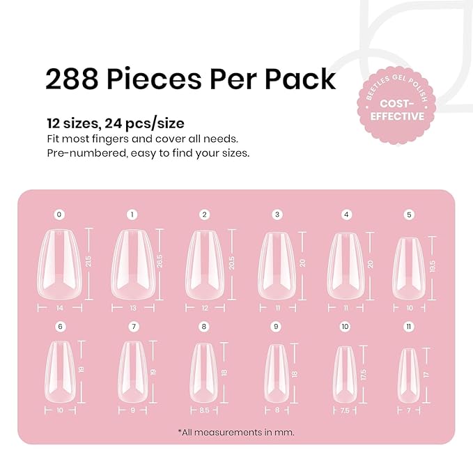 Beetles Gel Nail Tips Short Coffin Pre-Etched Nail Tips, 12 Sizes 288 Pcs Full Cover Soft Tips Half Matte False Nails Clear Acrylic Press on Nails Extension DIY Manicure Gifts for Women