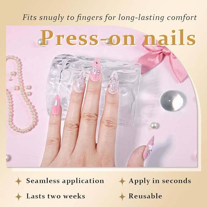 evpct 3D White Pink Handmade Press On Nails Almond Medium, 3D Crystal Heart Design Fake Nails Rusable for Spring & Summer Daily Wear, False Acrylic Nail with Kits Press ons Nail for Women Gift, 24Pcs