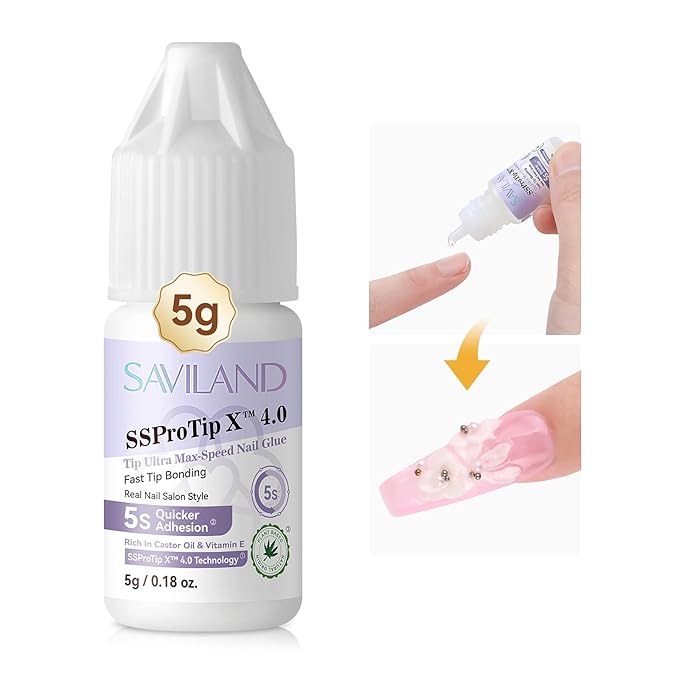SAVILAND Nail Glue for Acrylic Nails Press On: 5S Fast-Drying Nail Glue Strong 0.18 Oz. Nail Tip Glue Extra Strength Nail Glue Castor Oil Vitamin E Hypoallergenic Nail Glue for Nail Tips No Cure Salon