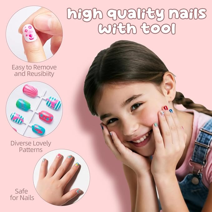 120Pcs 10 Packs Cute Short Press on Nails for Girls 5 Styles 12 Sizes Press on Nails for Kids Press ons with Heart Cactus Solid Color Designs Full Cover Acrylic Nails for Little Girl Gift DIY Manicure