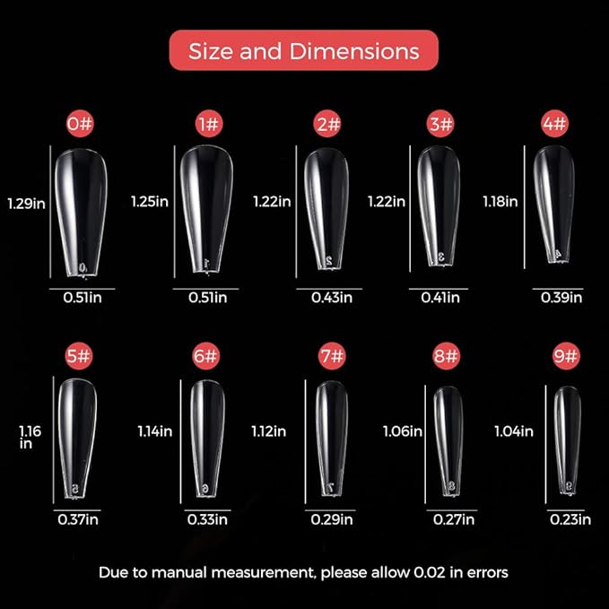 600Pcs Long Coffin Fake Nails Clear Full Cover Acrylic False Nail The Non-Trace Ballerina Nail Tips 10 Sizes With Bags For Nail Salons And DIY Nail Art at Home
