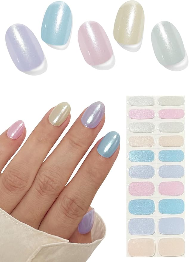 Semi Cured Gel Nail Strips, Glazed Donut Macaron 20pcs Adhesive UV Sticker, Wraps for Home Manicure DIY