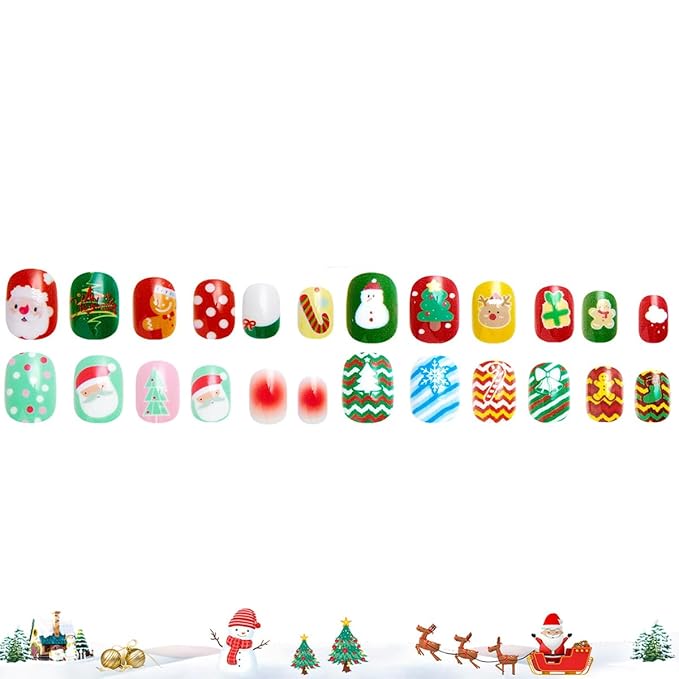 120Pcs 10 Packs Christmas Press on Nails for Girls 5 Styles 12 Sizes Cute Short Press on Nails for Kids Press ons with Santa Claus Snowman Xmas Tree Elk Designs Full Cover for Little Girl Gift DIY