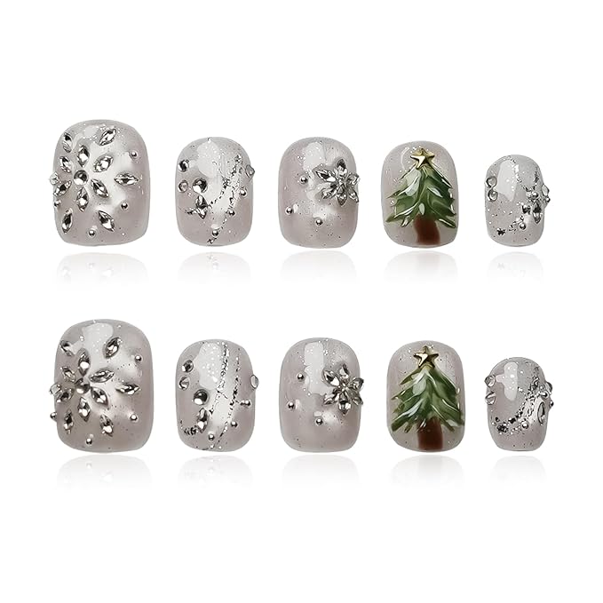 Winter Bling Press on Nails Short Coffin Handmade Fake Nails with 3D Snowflake Gems Design, Silver Glitter Artificial Nails Tree Light Design Reusable Stick on Nails (Winter Snow Scene, M)