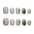 Winter Bling Press on Nails Short Coffin Handmade Fake Nails with 3D Snowflake Gems Design, Silver Glitter Artificial Nails Tree Light Design Reusable Stick on Nails (Winter Snow Scene, M)