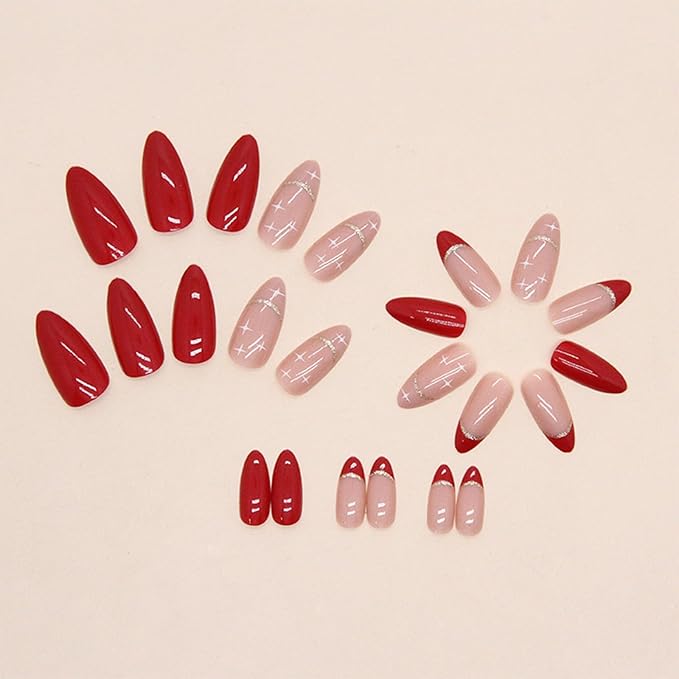 Red Press on Nails - Medium Almond Fake Nails - French Tip False Nails Press ons - Christmas Glossy Full Cover Glue on Nails - Acrylic Artificial Stick on Nail for Women Manicure 24Pcs