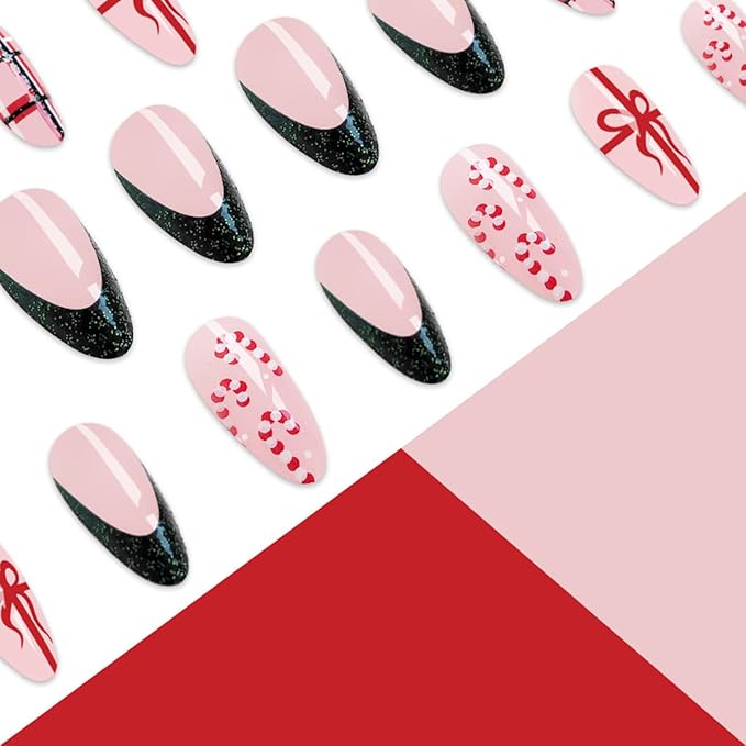 24 Pcs Christmas Press on Nails Short Almond Xmas Bow Fake Nails with Designs French Tip False Nails Line Glue on Nails Full Cover Glossy Artificial Nails for Women Girl Holiday Nail Decoration