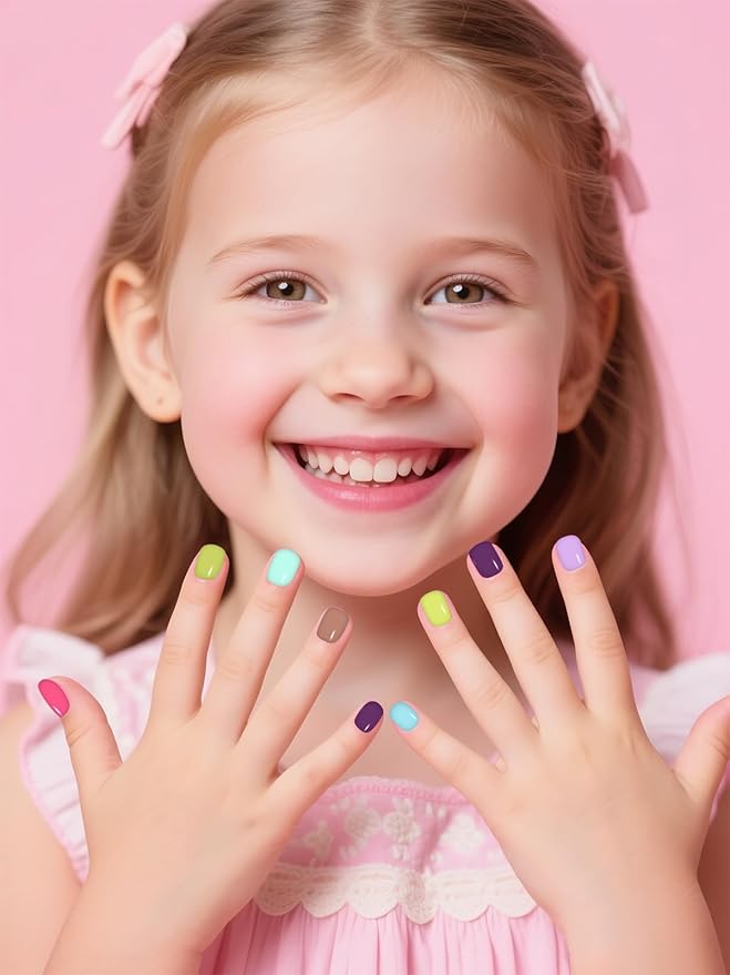 576 Pieces Kids Short Glossy Press on Nails, EBANKU Children False Nails 24 Colors Glossy Acrylic Nails Art Tip for Kids Short Full Cover Fake Nails for Women Girls