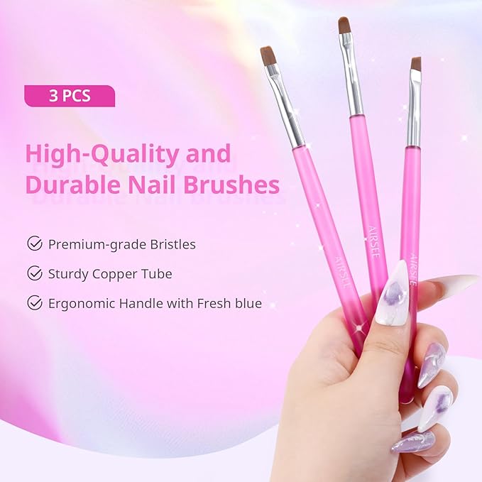 AIRSEE Nail Art Clean Up Brushes, 3 PCS Flat/Oval/Fine Angled Gel Nail Brush for Cleaning Polish Mistake on the Cuticles, Painting Brushes, Art Design DIY Tools, Pink