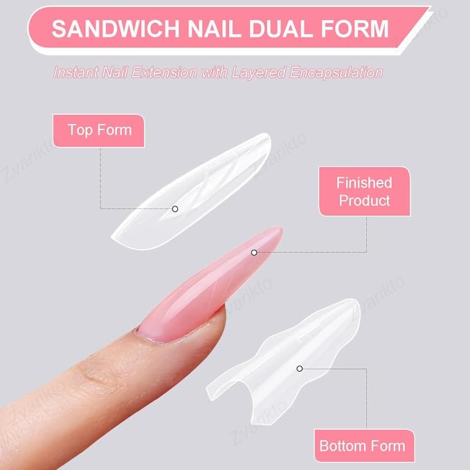 Sandwich Nails Dual Forms 180Pcs Oval Shape, Dual Nail Extension Forms with 15 Sizes, Reusable Plastic Nail Mold for Builder Gel & Poly Gel, No Paper Forms Needed, Salon & Home DIY Nail Art