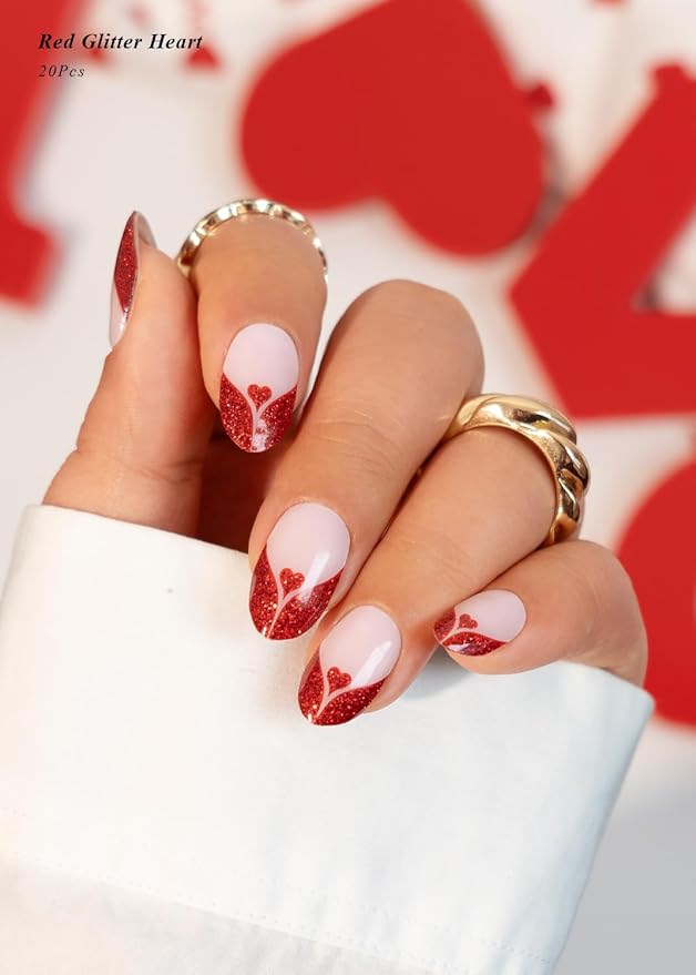Semi Cured Gel Nail Strips (Red Glitter Heart), Valentine's Day French, 20 Pcs Gel Nail Wraps, Stickers, Works with Any UV Lamps