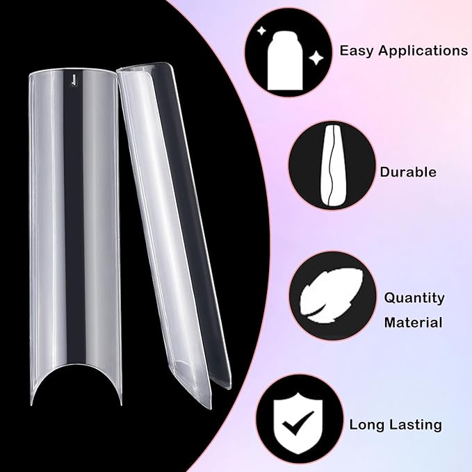 LoveOurHome 200pc XL C Curve Nail Tips Extra Long Tapered Square Fake Nails Half Cover Clear Artificial Nail Art Tips 10 Size False Nails Tech Supplies for Gel Acrylic Nail Extension