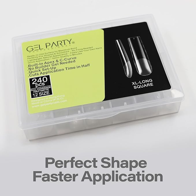GELPARTY Soft Gel Nail Tips XL Long Square - 240Pcs Pre-Buffed Matte Full Cover Tips - No Filing Needed, Soak Off Gel Extension System - Clear False Nails (12 Sizes)