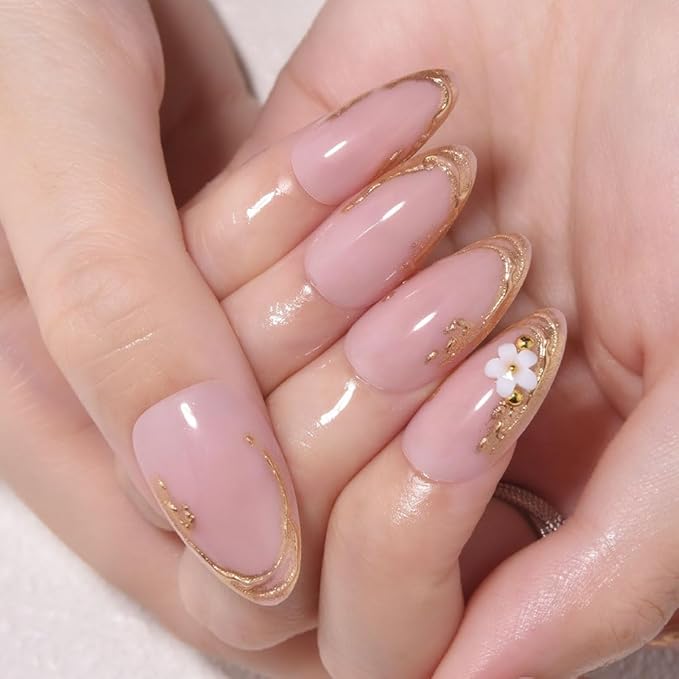 evpct Pink Press on Nails Short Almond with Gold Line, Gold French Tip Stick on Nail for Women Gift, Reusable Full Cover Soft Gel Press on Fake Nail with 3D White Flower Designs Perfectly Fit