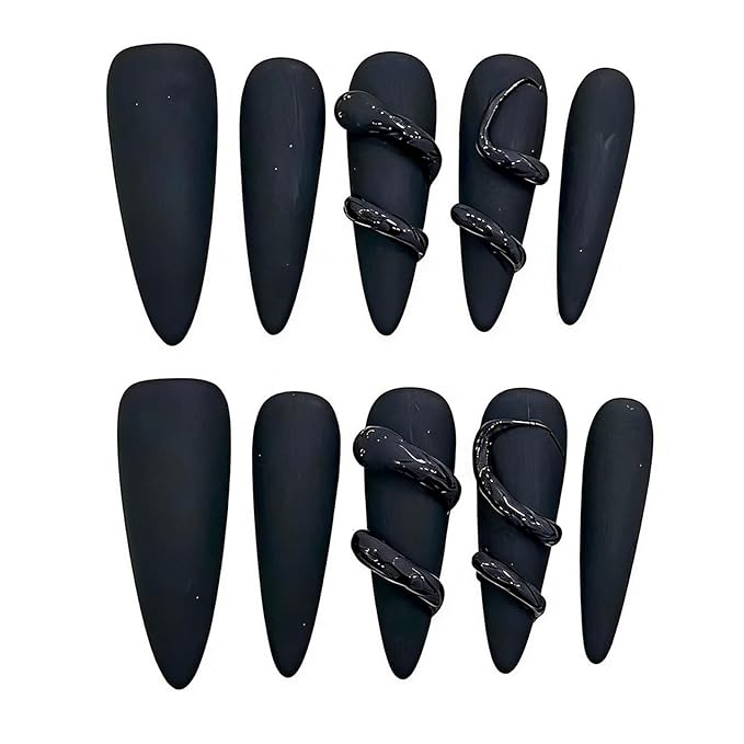 Handmade Press on Nails Stiletto 3D Snake Design in Pure Black: Elegant Matte and Glossy Finish Handmade Stiletto Press on Nails 3D Luxury Press on Nails（L）