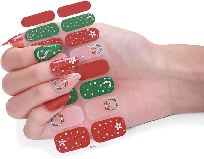 Christmas Nail Wraps Full Stickers Nail Polish Strips, DIY Self-Adhesive Nail Art Decals Snowflakes Xmas Tree Candy Cane Pattern with 5 Piece Nail Files for Party Decor 5Sheets 80Pcs