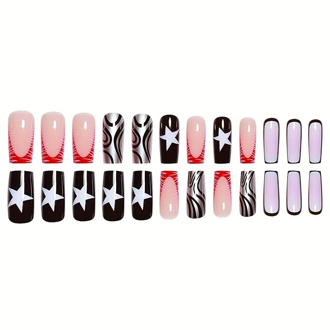 Long Press on Nails Square Fake Nails Black French Tip False Nails with Stars and Swirl Designs Acrylic Nails Press ons Glue on Nail Long Square Full Cover Stick on Nail for Women 24Pcs