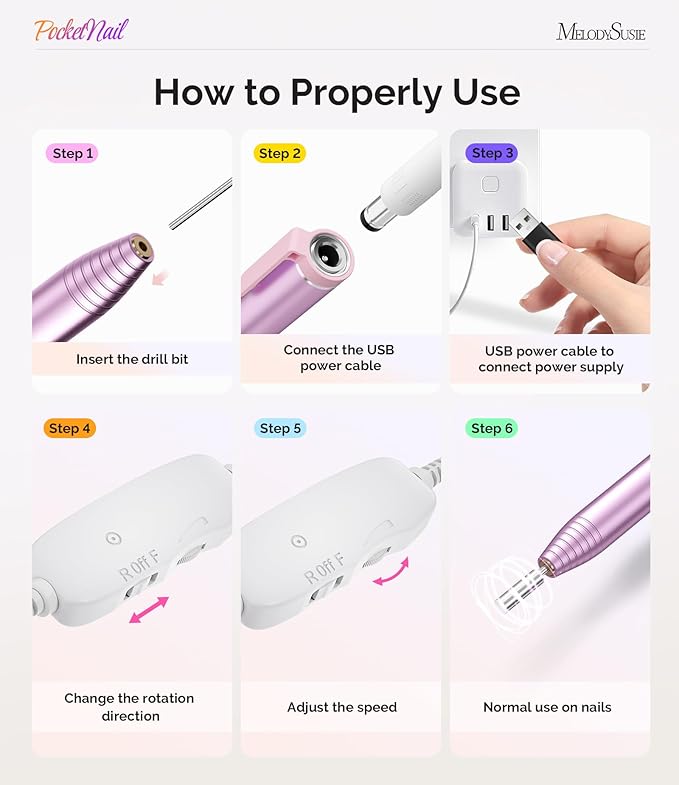 MelodySusie PocketNail Slim Ergonomic Pen-Shaped USB Nail Drill, PC100G 20000RPM Portable Electric File for All Manicure, Pedicure Nail Care, Shaping & Gel Removal at Home for Beginners
