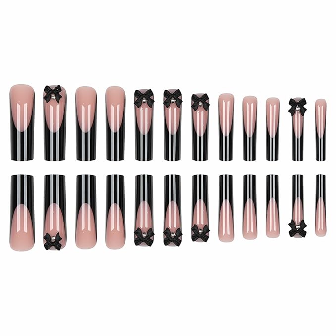 MISUD Press on Nails - Extra Long Square Fake Nails with Black French Tip, Acrylic Bow Design 24 pcs