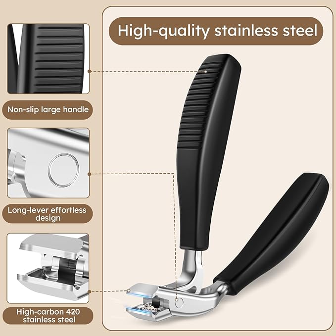 Large Toenail Clippers for Thick Nails for Seniors, Non-Slip Long Handled Angled Head Toe Nail Clippers with Catcher, Wide Jaw Opening Sharp Straight Edge Cutters, Fingernail Clippers for Men Women