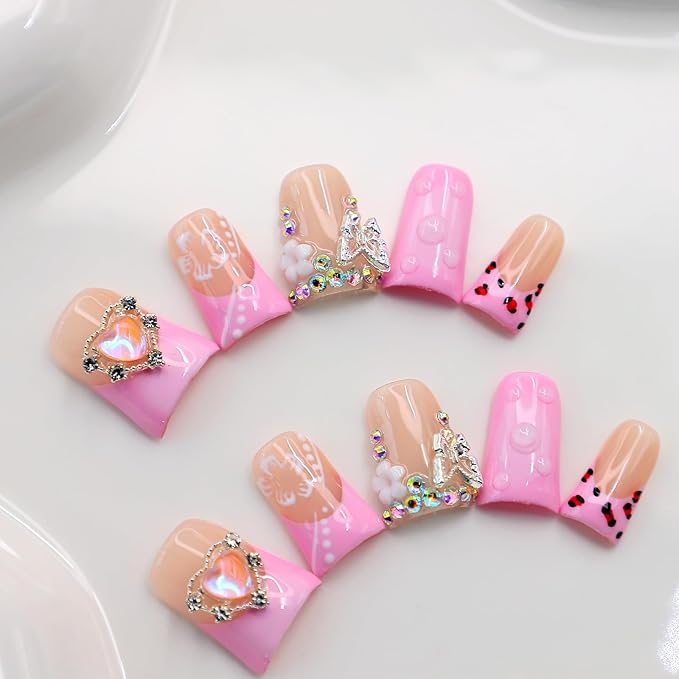 10Pcs Pink Handmade Press on Nails Duck Fake Nails French Tip False Nails with 3D Heart Butterfly Rhinestone Design Acrylic Duck Nails Press ons Medium Reusable Stick on Nail for Women (M)