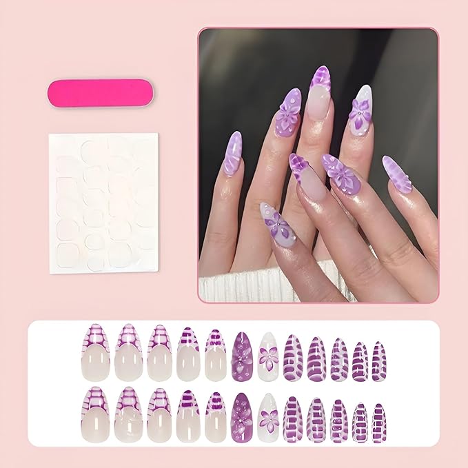 Purple Flower Press on Nails Long Almond Fake Nails French Tip Nails Press Ons Purple False Nails with Rhinestones Design Glossy Stick on Nail Spring Acrylic Glue on Nail for Women Set 24Pcs