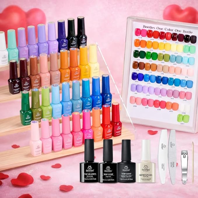Beetles Valentines Gel Polish Set - 36 Color Spring Pastel Yellow Blue Pink Gel Polish Kit with Base Coat Glossy Matte Glitter Top Coat Soak Off UV LED Gel for Nail Art