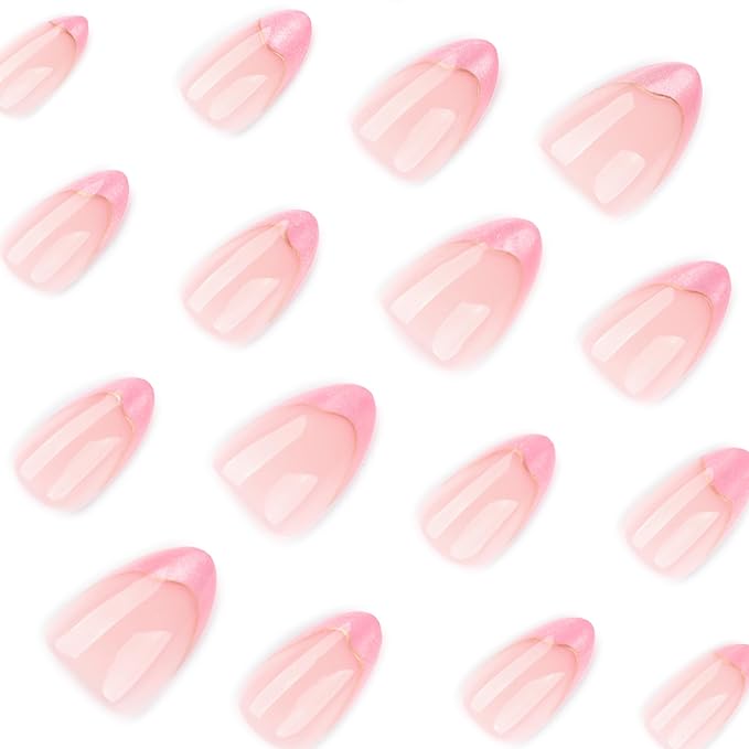 French Press On Nails Almond Short, Nude with Pink Shimmery French Tips and Gold Line Accents, Glossy Reusable Acrylic Glue-On Nails Kit for Women, 24PCS – Gilded Pink Shimmer