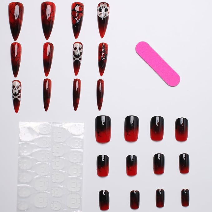 Blood Press on Nails,Halloween Fake Nails | Witch Nails with Scary Skull Designs,Long Stiletto & Square Acrylic Nails,Stick on Nail for Women Girls | Halloween Nail Art Decor 24Pcs