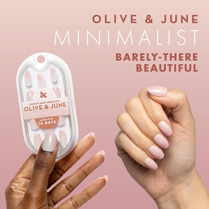 Olive & June Mani Minimalist Instant Press-On Nails (Glue) | 42 Fake Nails, 21 Sizes | Non-Toxic, Long-Lasting Barely-There Look | Spring Flowers & Patterns | Extra Short, Squoval | Taupe Jelly Chrome