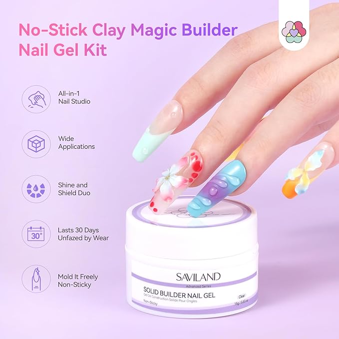 SAVILAND Advanced Non-Stick Solid Builder Nail Gel: Clear & White Instant Sculpting 3D Gels Non-Wipe Sculpting Gel for Nail Art Molding with Chrome Powder DIY Salon