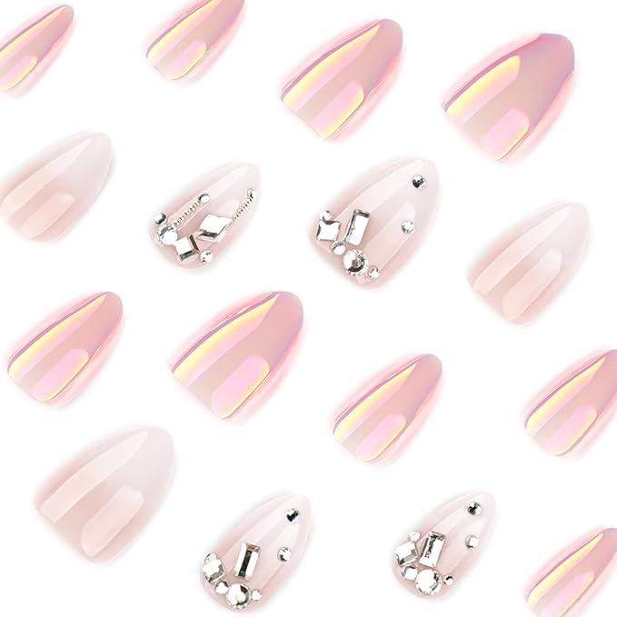 Press on Nails Almond - Ombre White Fake Nails with Rhinestone Design - Medium False Nails Press ons - for Women 24 Pcs