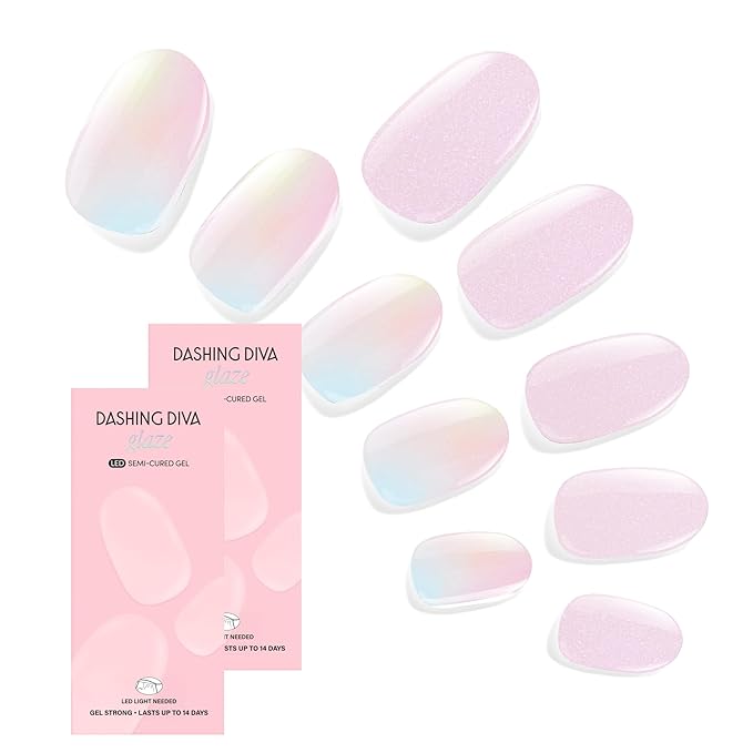 Dashing Diva Glaze Nail Strip Duo - Cotton Candy Collection - Unicorn Glaze & Cotton Candy Glaze - Long Lasting, Chip Resistant, Semi-Cured Gel Nail Strips - Contains 2 Colors