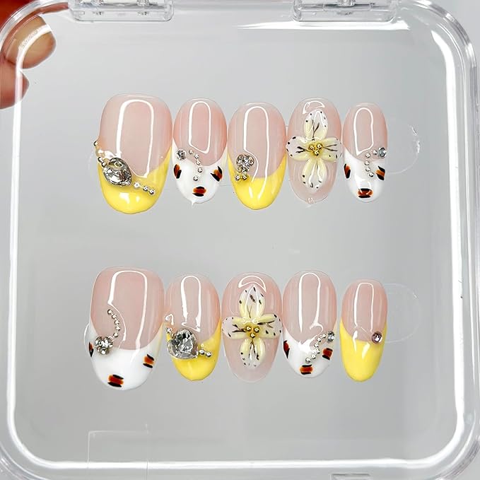 Luxury Press on Nails Medium Almond Handmade 3D Unique Reusable ABS Material Fake Nails French Tip False Nails with Designs Rhinestones Floral Art Petal Glossy Glue on Nails Thick Acrylic Nails(S)