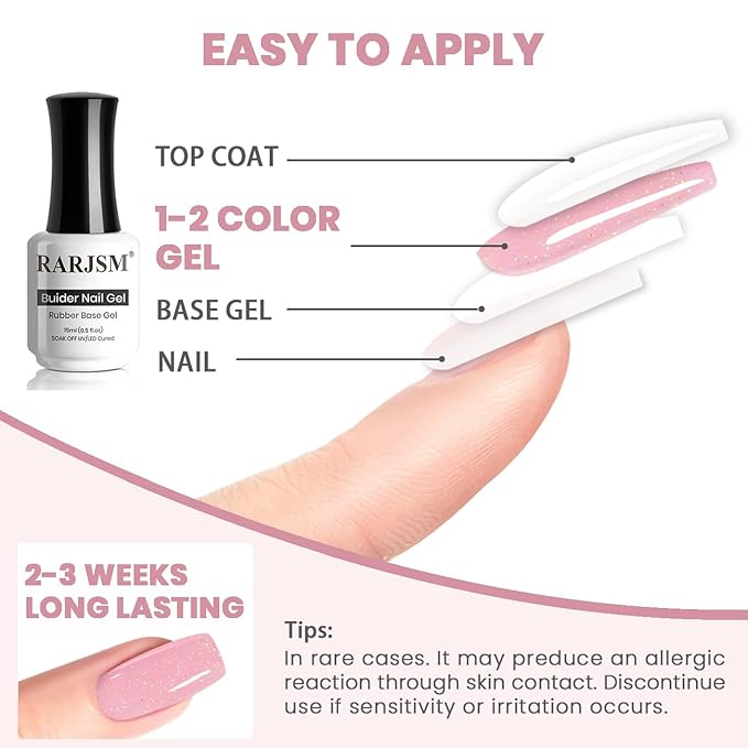 RARJSM Glitter Rubber Base Gel Nail Polish Shimmer Rubber Base for Nails Brush on Quick Extend Builder Hard Gel Soak Off Curing Requires 15ml Salon Home French Manicure(Nude Pink Rainbow)