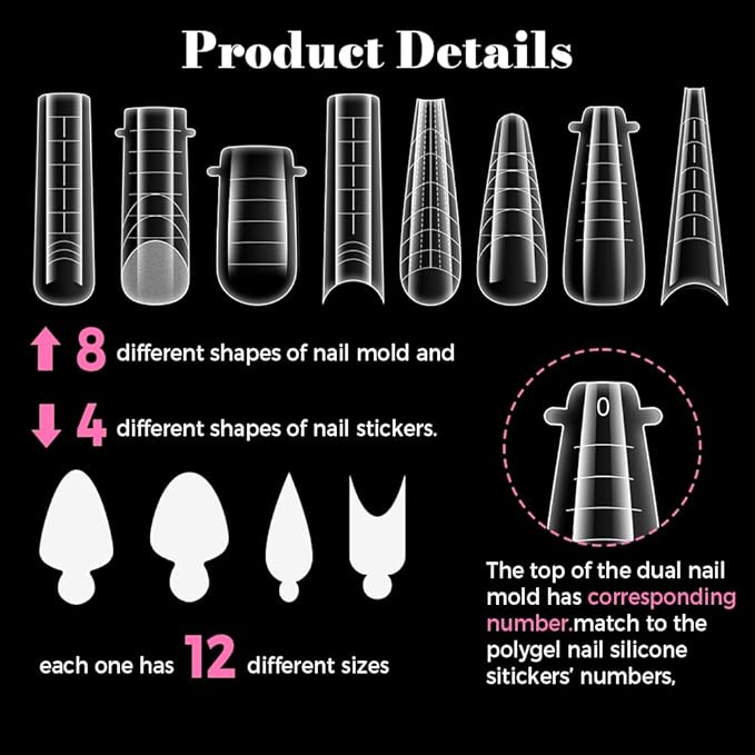 Nail Dual Forms for Poly Gel, 288PCS French Nail Forms, 8 Shapes, 12 Sizes Clear Poly Gel Nail Molds for DIY Nails Extension Kit for Salon-Quality Manicures at Home