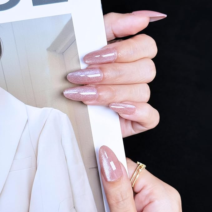 Nude Press On Nails Cat Eye - Almond Soft Gel Flexible Nails with Subtle Shimmer, Long-Lasting Chip-Free Reusable Manicure for Women DIY Nail Art, 24Pcs Nail Kit with Glue, Tabs, File, Prep Pad, Stick