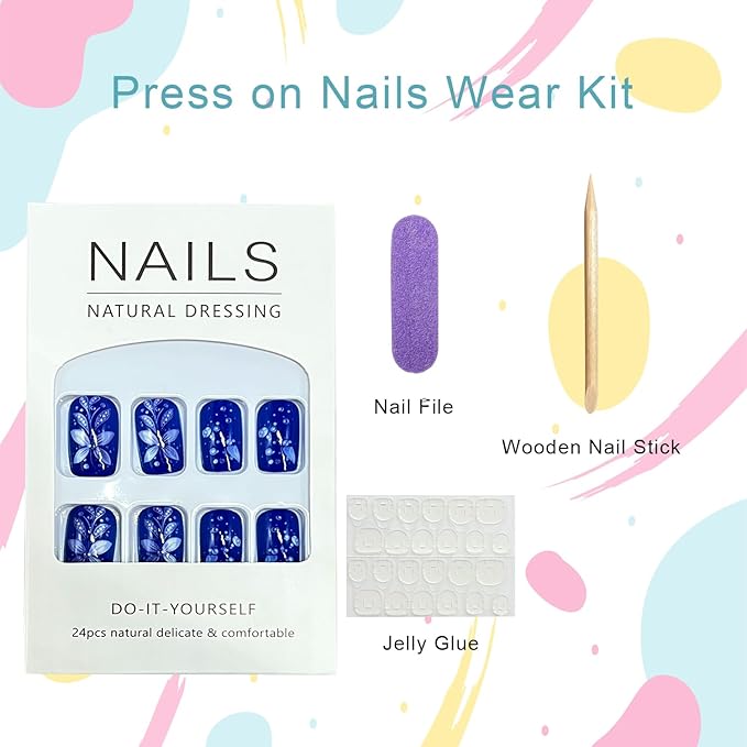 Dark Blue Press on Nails Short Square Fake Nails with White Flower Leaf Pearls Design Floral False Nail Acrylic Spring Summer Stick on Nail for Women 24Pcs
