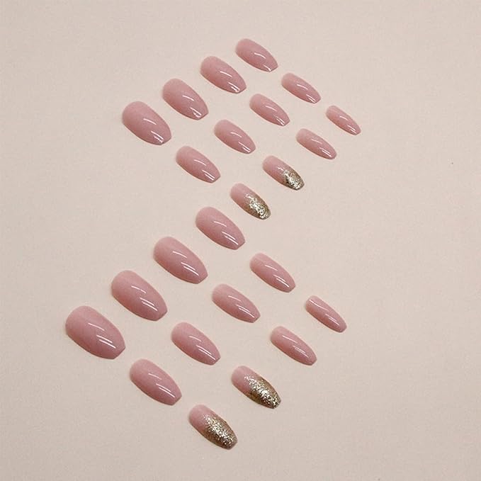 Coffin Press on Nails Medium Fake Nails with Design Gold Glitter Sequins Glossy Glue on Nails Pink Acrylic Full Cover Square False Nails Shiny Artificial Nail for Women Girls Manicure 24Pcs