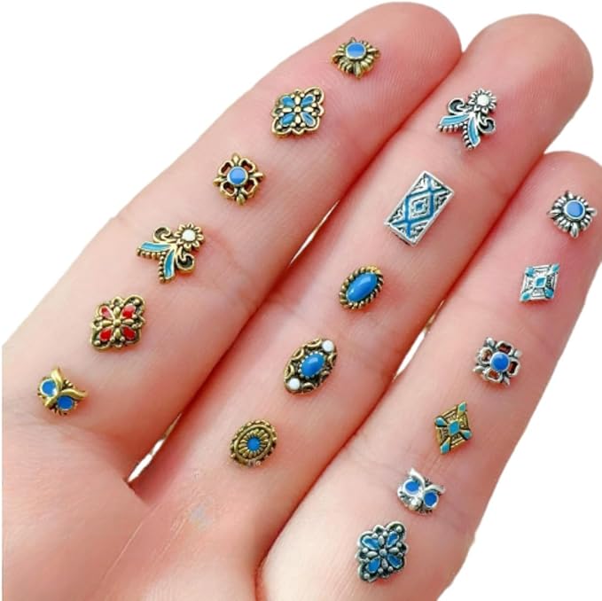 Retro Turquoise Totem Flower 3D Alloy Nail Art Mix Color Nail Charms, DIY Nail Art Decorations 50pcs