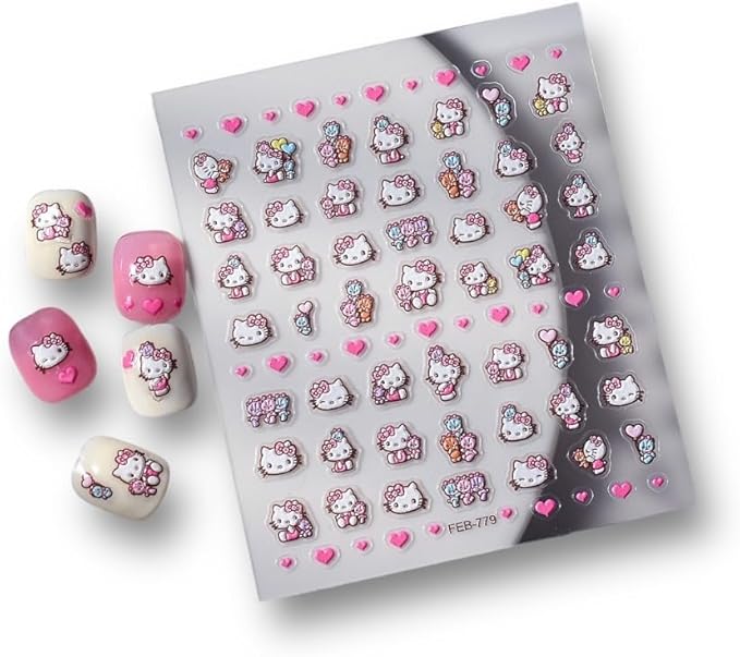 Pink Nail Stickers 5D 3D Embossed Kawaii Japanese Nail Art Sticker Decals for Women Girls Kids DIY Self Adhesive Nail Stickers Cute Pink Nail Decoration for Manicure Design