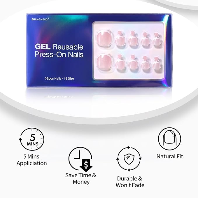 Soft Gel Press on Toenails Short - SHANGMENG White French Tips Toenails Press ons for Women, Fit Naturally Press on Toe Nails in 16 sizes - 32 pcs Fake Toenails with Glue, Shimmery French