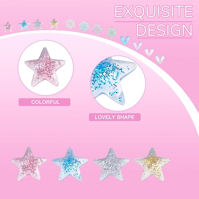 FASHEWELRY 240Pcs 3D Resin Nail Art Decoration Star Flower Heart Cabochons with Glitter Powder Studs for DIY Nail Art Decoration