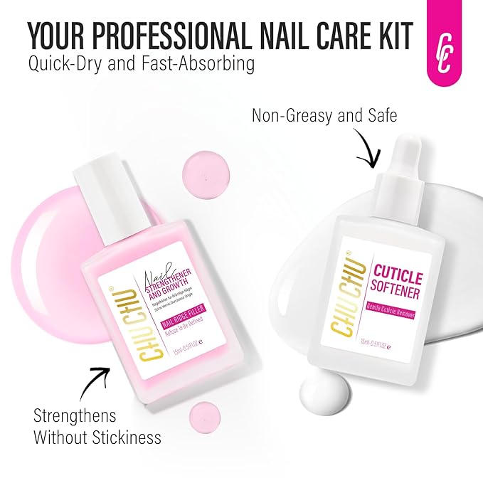 CHUCHU Nail Strengthener and Cuticle Remover Kit: 2pcs 15ml Protein Milky Pink Quick Dry Nail Repair Polish and Cuticle Softener for Peeling Gel-Damaged Nails