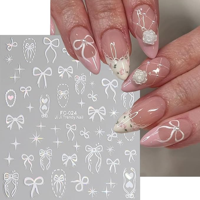 8 Sheets Valentines Day Nail Stickers for Nail Art Self-Adhesive Cute Bow Nail Art Stickers 3D Laser Bowknot Heart Star Nails Decals Red White Design French Tip Manicure Decorations Supplies for Women