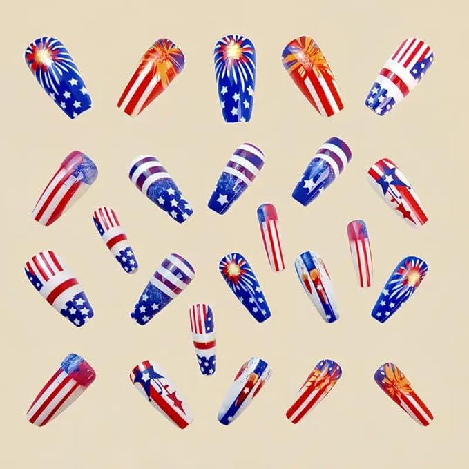 4th of July Press on Nails Medium Coffin Fake Nails with Blue Red White Designs Patriotic Coffin False Nails Full Cover Glossy Acrylic Stick on Nails Independence Day Glue on Nails for Women 24Pcs